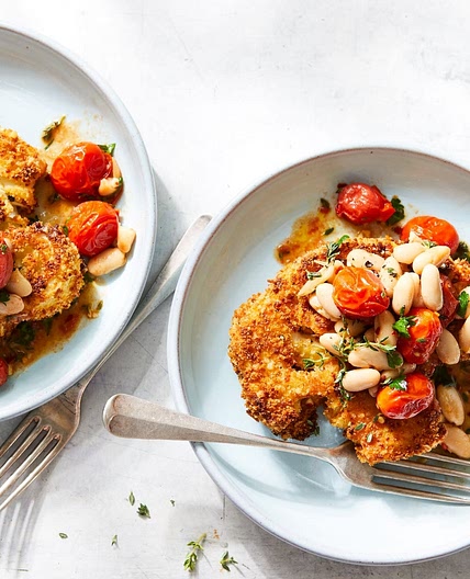 Parmesan-Crusted Cauliflower with White Beans & Tomatoes