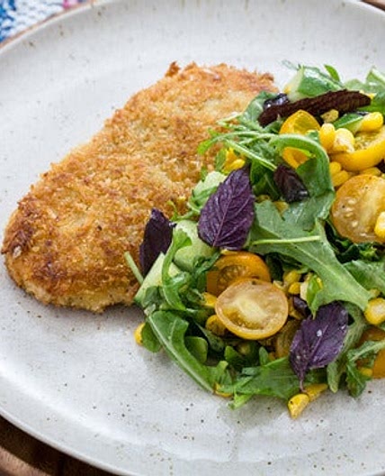 Chicken Milanese with Summer Corn, Tomato & Cucumber Salad