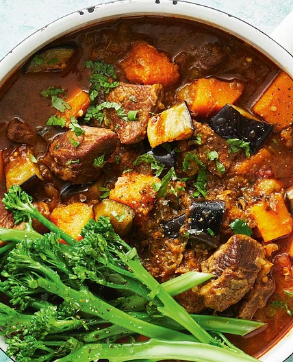 Slow-cooked lamb with pumpkin and eggplant recipe