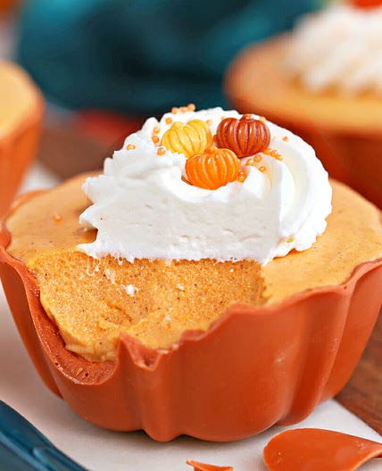 Pumpkin Spice Mousse Cups with Edible Candy Pumpkin Bowls