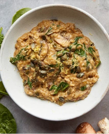 Mushroom & spinach risotto with basil pesto