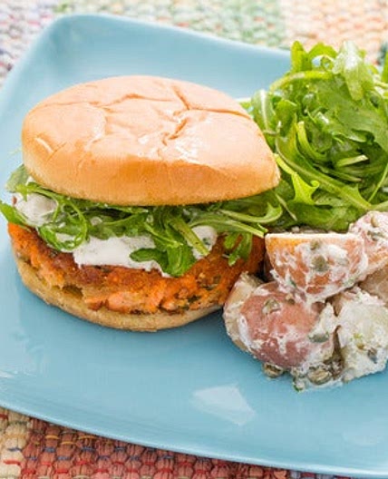 Salmon Burgers with Crème Fraîche Sauce, Arugula & Potato Salad