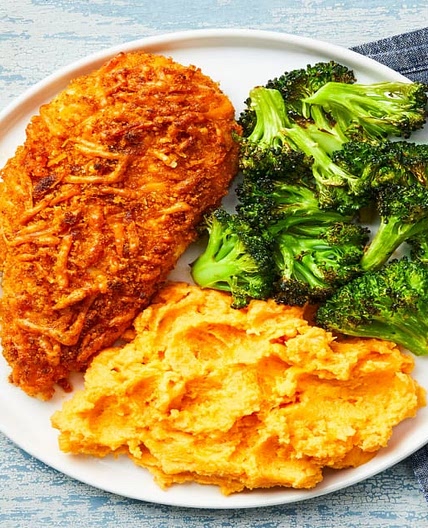 Cheddar-Crusted Chicken with Buttery Mashed Sweet Potatoes and Roasted Broccoli