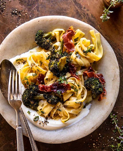 Roasted Broccoli Pasta Carbonara with Crispy Prosciutto and Whipped Ricotta