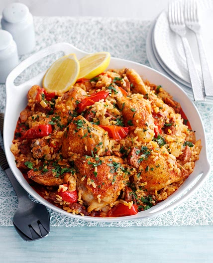 Baked Spanish rice with chicken and chorizo