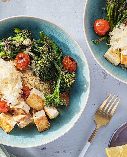 Tahini Bulgur Bowls with Charred Broccolini & Crispy Lemon Tofu