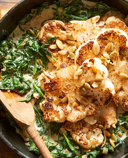 Skillet-Roasted Cauliflower Steaks With Jalapeño Creamed Spinach