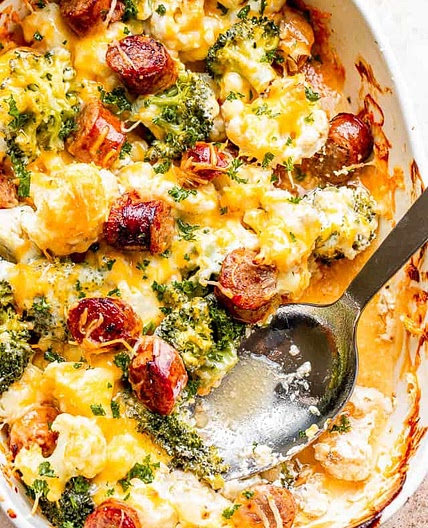 Cheesy Broccoli, Sausage, and Cauliflower Casserole