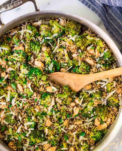 One Pan Broccoli Quinoa Skillet with Parmesan and White Beans