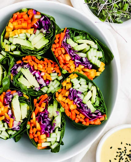 Raw Rainbow Wraps with Ginger Tahini Dressing