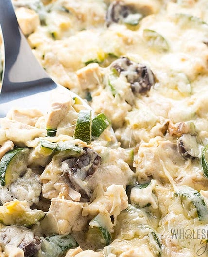 Low Carb Chicken Zucchini Casserole Recipe with Gruyere Cheese Sauce