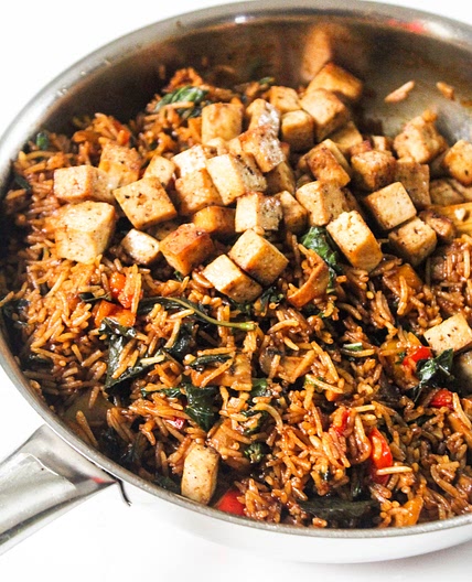 Asian Basil Rice with Mushrooms, Tofu and Peppers
