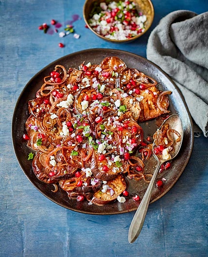 Warm aubergine, pomegranate and onion salad