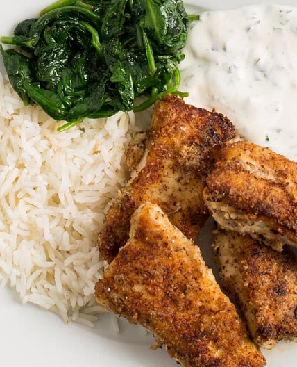 Recipe: Almond-Crusted Chicken Fingers with Yogurt-Herb Dip