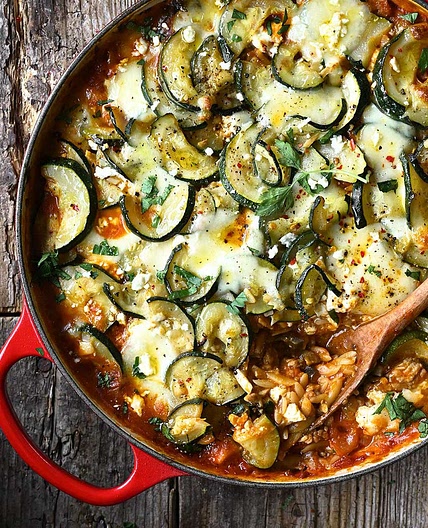 One Pan Zucchini and Eggplant Orzo Bake