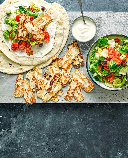 Halloumi and Greek salad wraps
