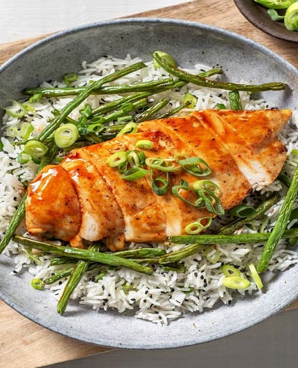 Honey Sriracha Chicken with Basmati Rice and Green Beans