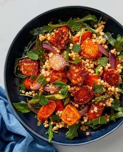 Crispy Paneer Cheese over Roasted Vegetable, Couscous & Arugula Salad