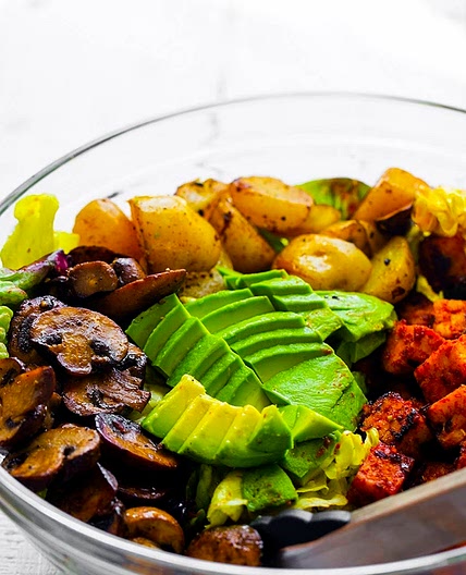 Potato, Tempeh Bacon, Mushroom Salad