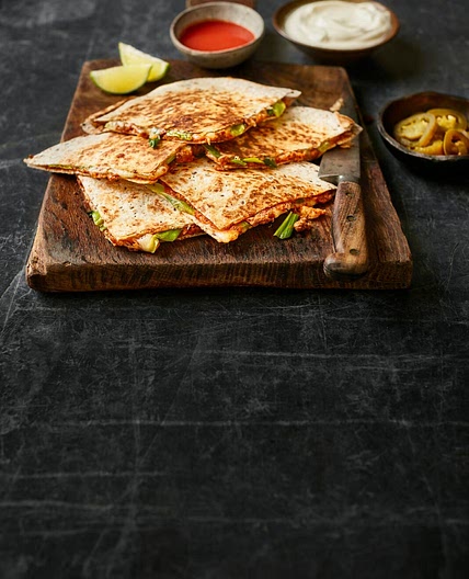 Lentil, mozzarella and spring onion quesadillas