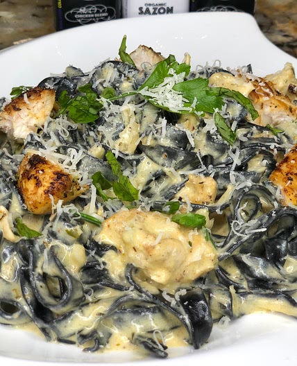 Squid Ink Fettuccini Chicken Alfredo