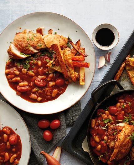 Mexican spiced chicken, herby fries & beans