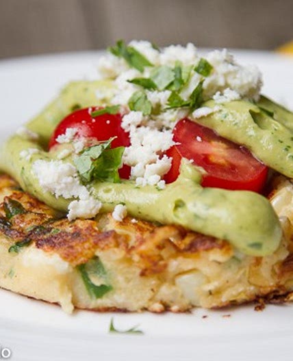 Mexican Mashed Potato Cakes with Avocado Sauce & Cotija Cheese