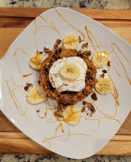 Air Fryer Banana's Foster Bread Puddingw/ Crunchy Run Soaked Pecans