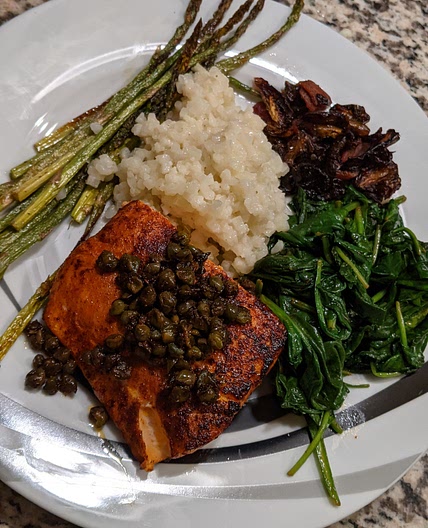 Chili Salmon with Fried Capers & Wilted Spinach