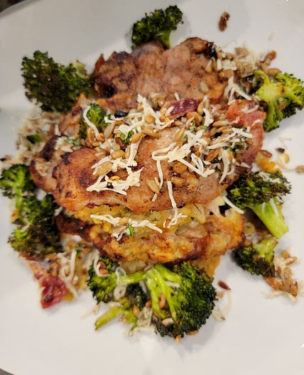 Air Fryer Bacon, Havarti Cheese and Green apple Stuffed Pork Chops w/ Parmesean and Garlic Roasted Broccoli Florets