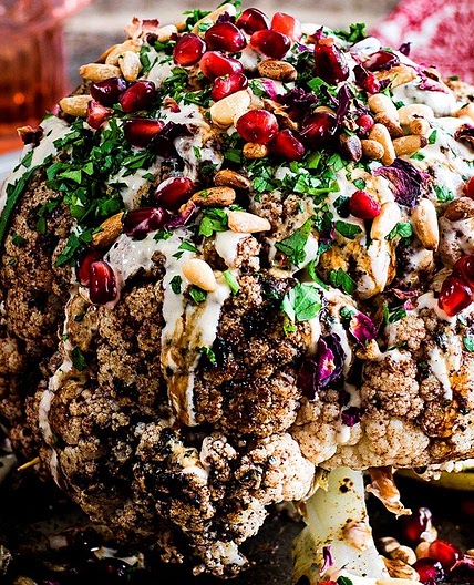 Cauliflower shawarma, pomegranate, tahini and pine nuts