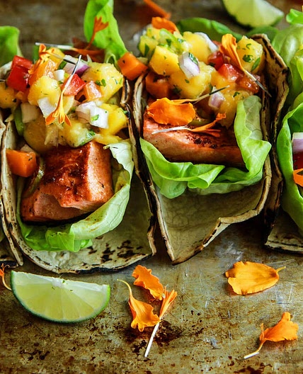 Chili Lime Salmon Tacos with Mango Salsa