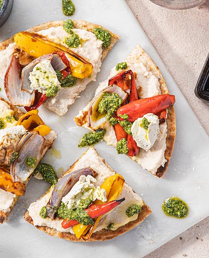 Pesto Flatbreads with Agrodolce Peppers & Cannellini Bean Purée