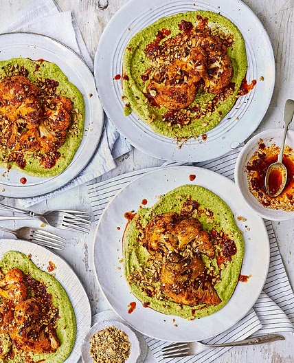 Roasted harissa cauliflower with warm coriander hummus and dukkah