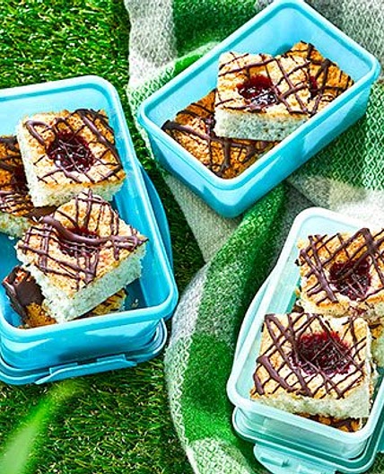 Coconut & jam macaroon traybake