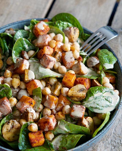 Spinach Salad with Baked Pumpkin, Balsamic Mushrooms, Chickpeas and Tahini Dressing