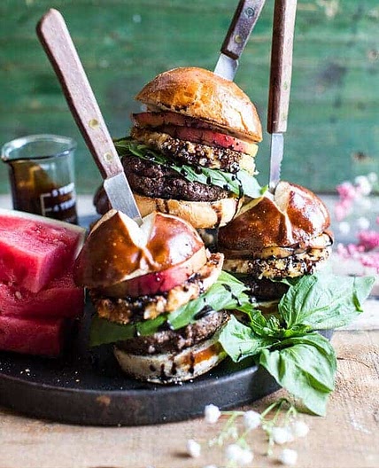 Fried Mozzarella and Caramelized Peach Caprese Burger with Balsamic Drizzle