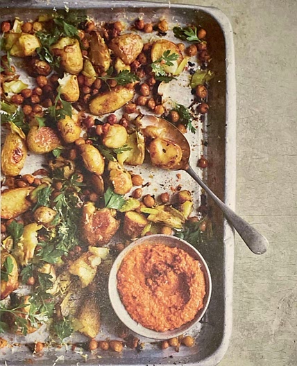 Leek and Potato Traybake with Romesco