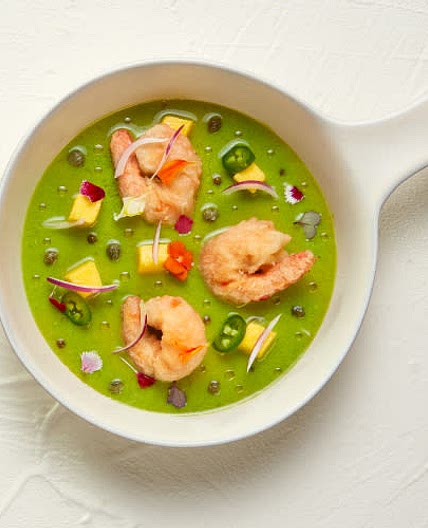 Ceviche verde de gambón en tempura