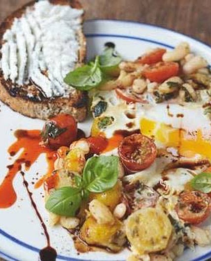 Baked eggs in popped beans  Cherry tomatoes, ricotta on toast