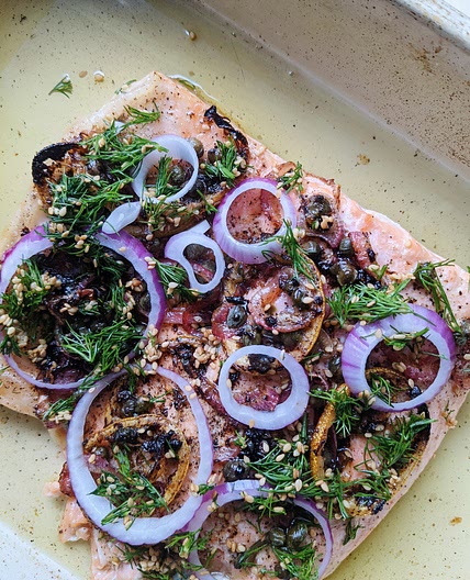 Buttered Salmon with Red Onion, Capers & Dill