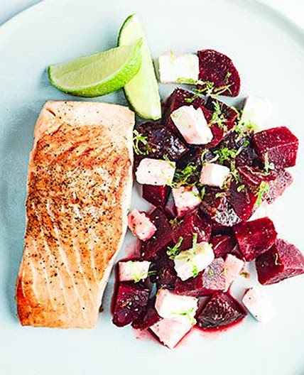 Salmon with beetroot, feta & lime salsa