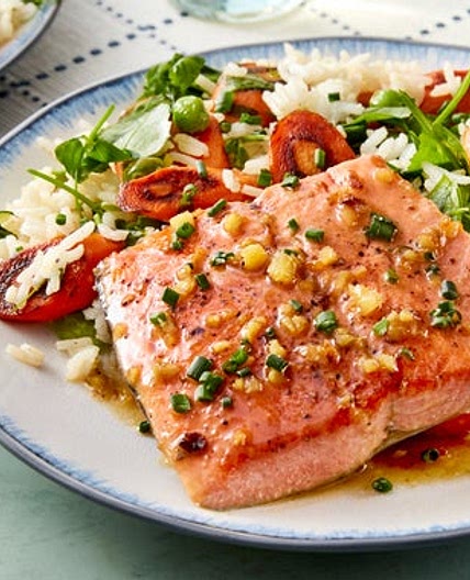Seared Salmon & Lemon-Ginger Sauce with Carrots, Peas, & Rice