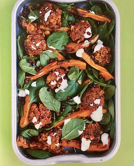 Cannellini Bean Falafel with Potato Wedges, Spinach, and Pomegranate