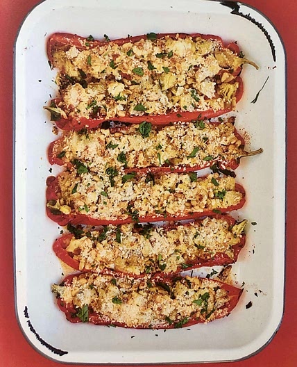 Herby Roasted Peppers Stuffed with Artichokes, Olives, and Feta