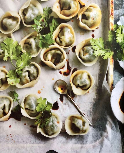 Green Dumplings with Soy Chili Dipping Sauce