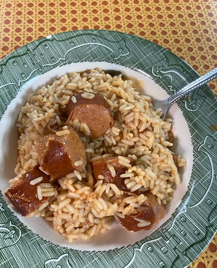Sausage jambalaya and a salad