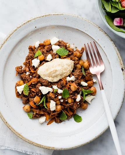 Greek Venison and Beef Bowls with Feta, Salad and Carrot Hummus