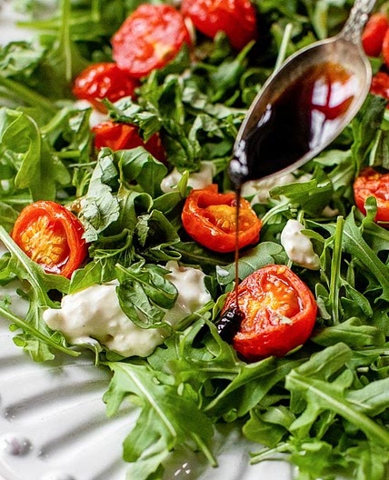 Air Fryer Burst Tomato Burrata Caprese Salad