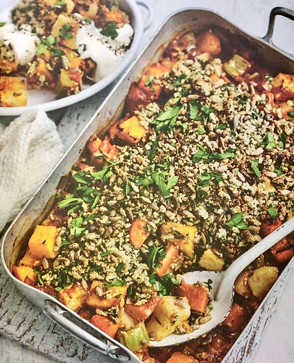 Winter Vegetable Bake with Tahini Seed Crumble